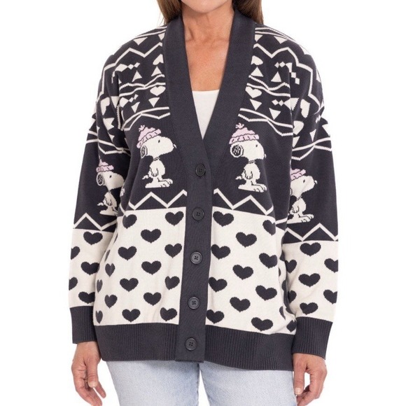 Women's Peanuts Snoopy Cardigan Sweater Large Button Up Vneck - Picture 3 of 5